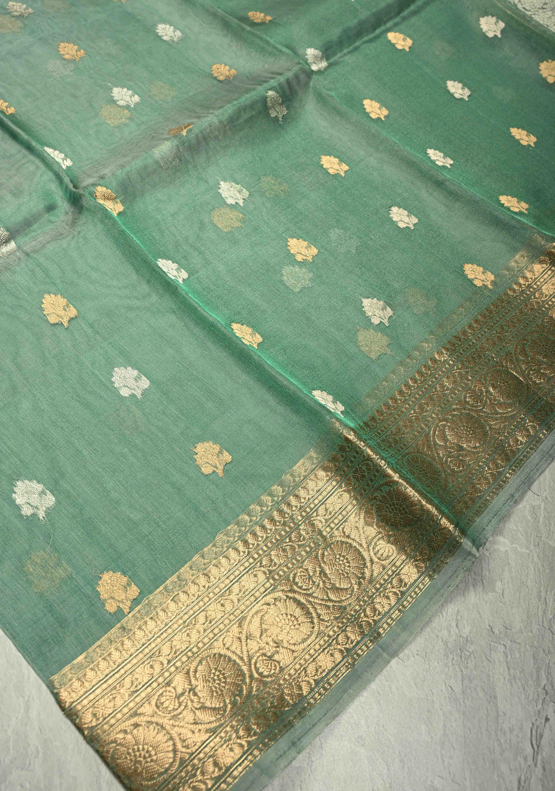 Sage Green Pure Banarasi Organza Tissue Silk Saree with Sona Rupa Buttas and Zari Border | SILK MARK CERTIFIED | SHOBITAM
