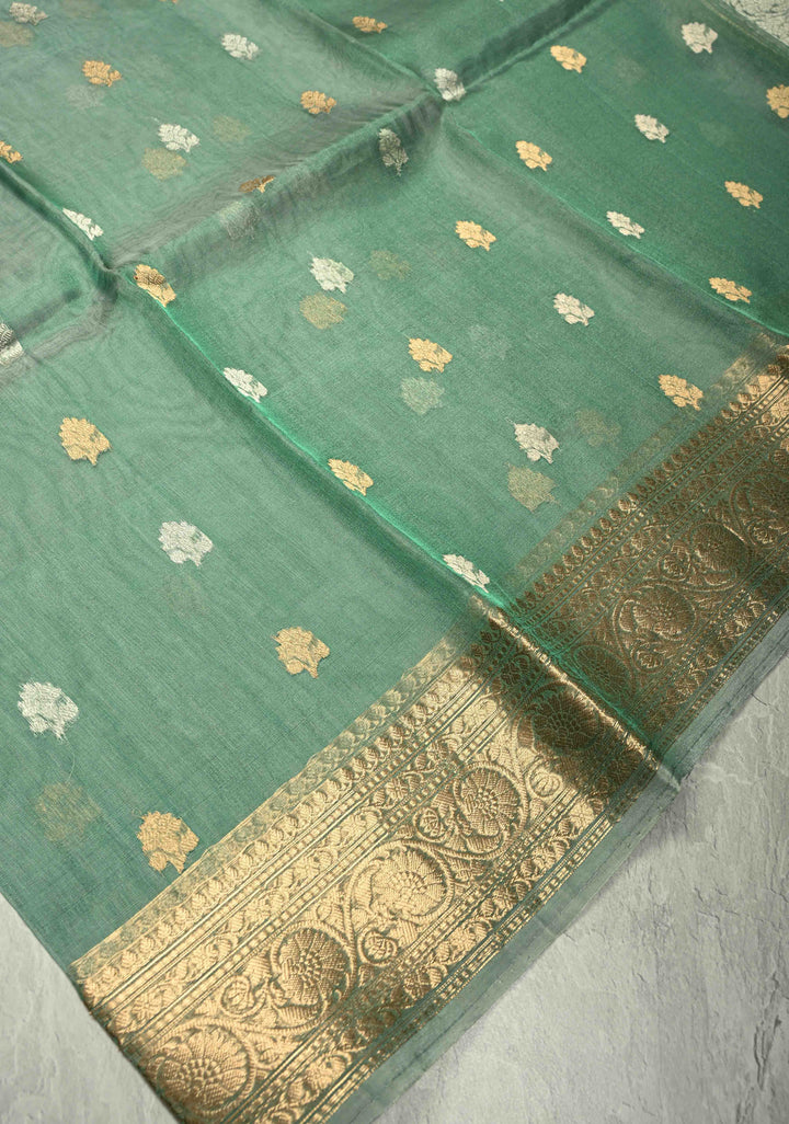 Sage Green Pure Banarasi Organza Tissue Silk Saree with Sona Rupa Buttas and Zari Border | SILK MARK CERTIFIED | SHOBITAM