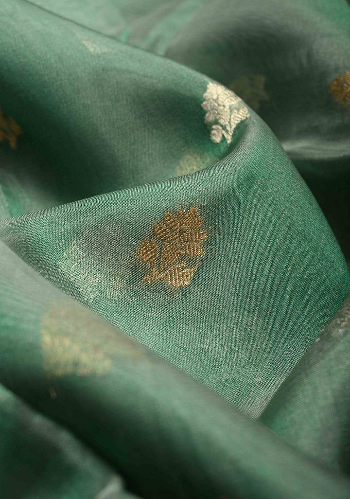 Sage Green Pure Banarasi Organza Tissue Silk Saree with Sona Rupa Buttas and Zari Border | SILK MARK CERTIFIED | SHOBITAM