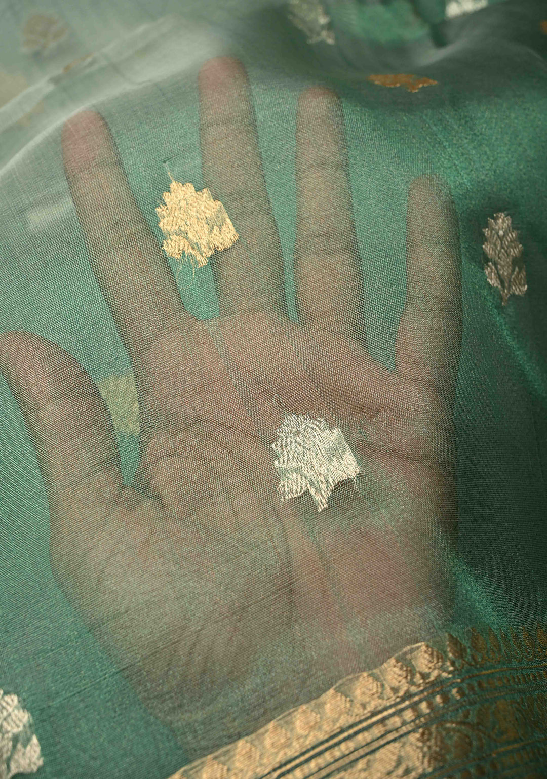 Sage Green Pure Banarasi Organza Tissue Silk Saree with Sona Rupa Buttas and Zari Border | SILK MARK CERTIFIED