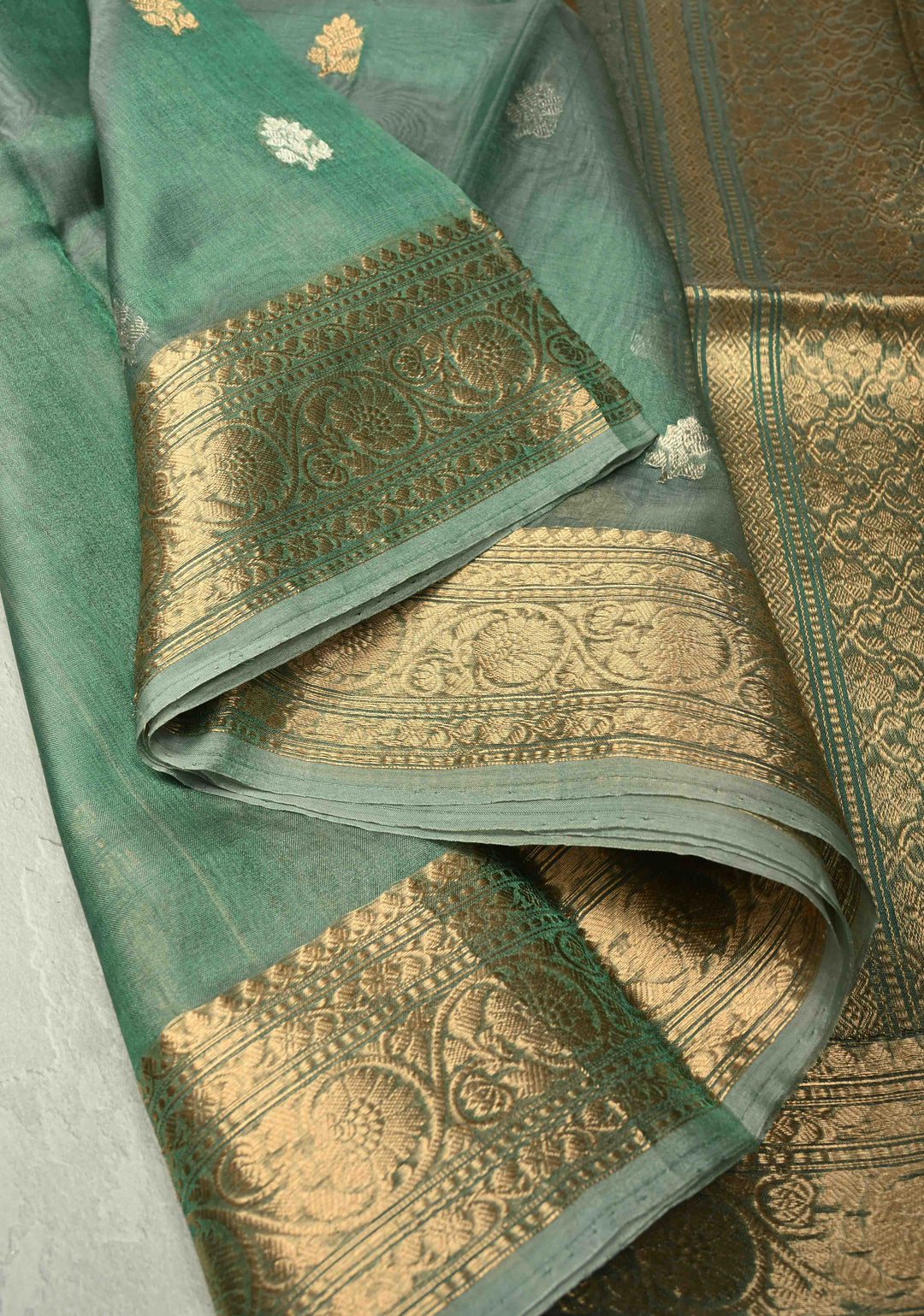 Sage Green Pure Banarasi Organza Tissue Silk Saree with Sona Rupa Buttas and Zari Border | SILK MARK CERTIFIED
