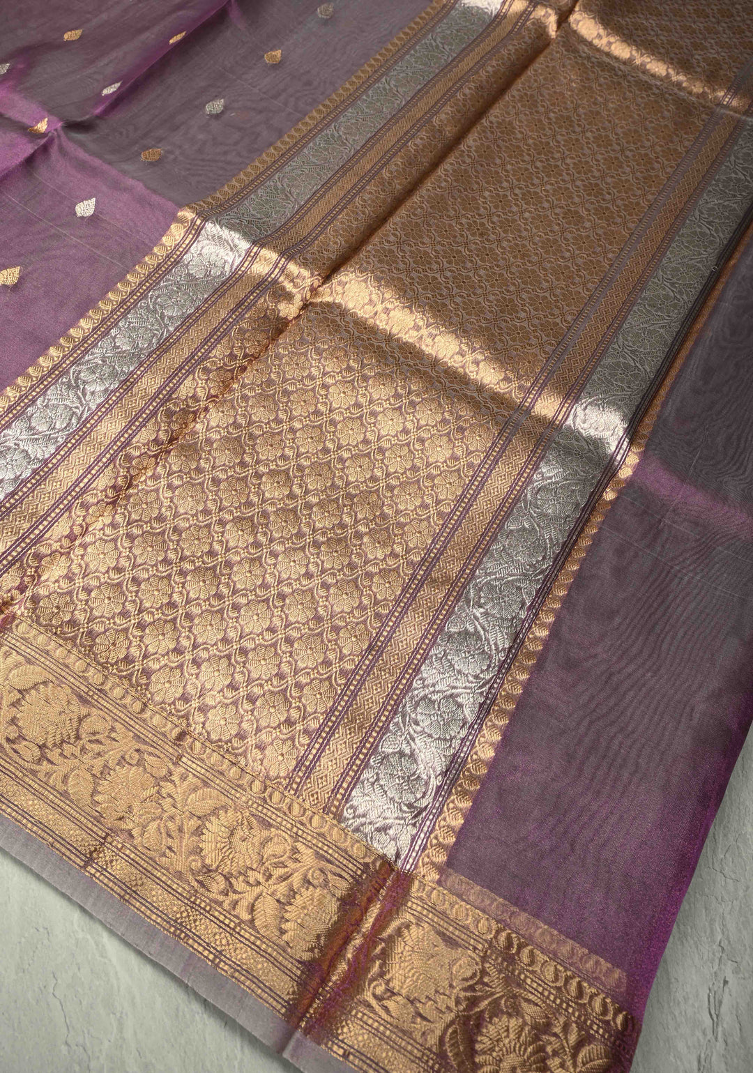 Dusty Lavender Pure Banarasi Organza Silk Saree with Gold Silver Zari Buttas andZari Border | SILK MARK CERTIFIED