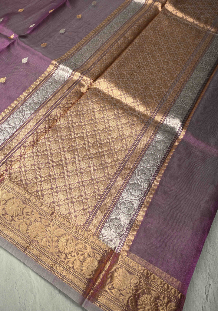 Dusty Lavender Pure Banarasi Organza Silk Saree with Gold Silver Zari Buttas andZari Border | SILK MARK CERTIFIED