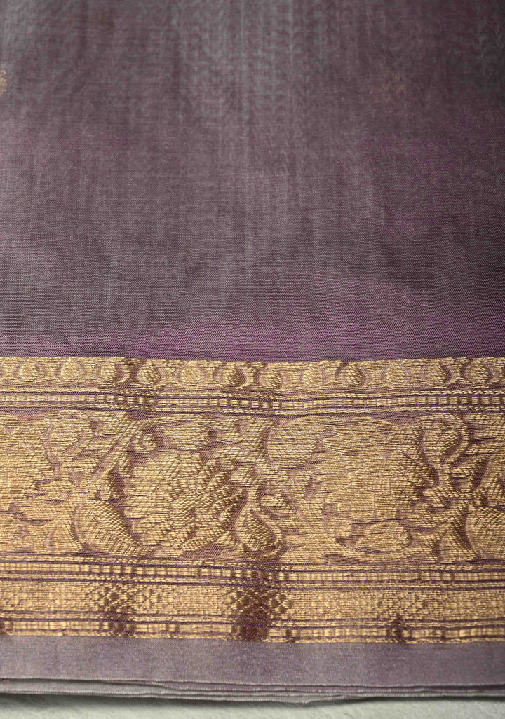 Dusty Lavender Pure Banarasi Organza Silk Saree with Gold Silver Zari Buttas andZari Border | SILK MARK CERTIFIED