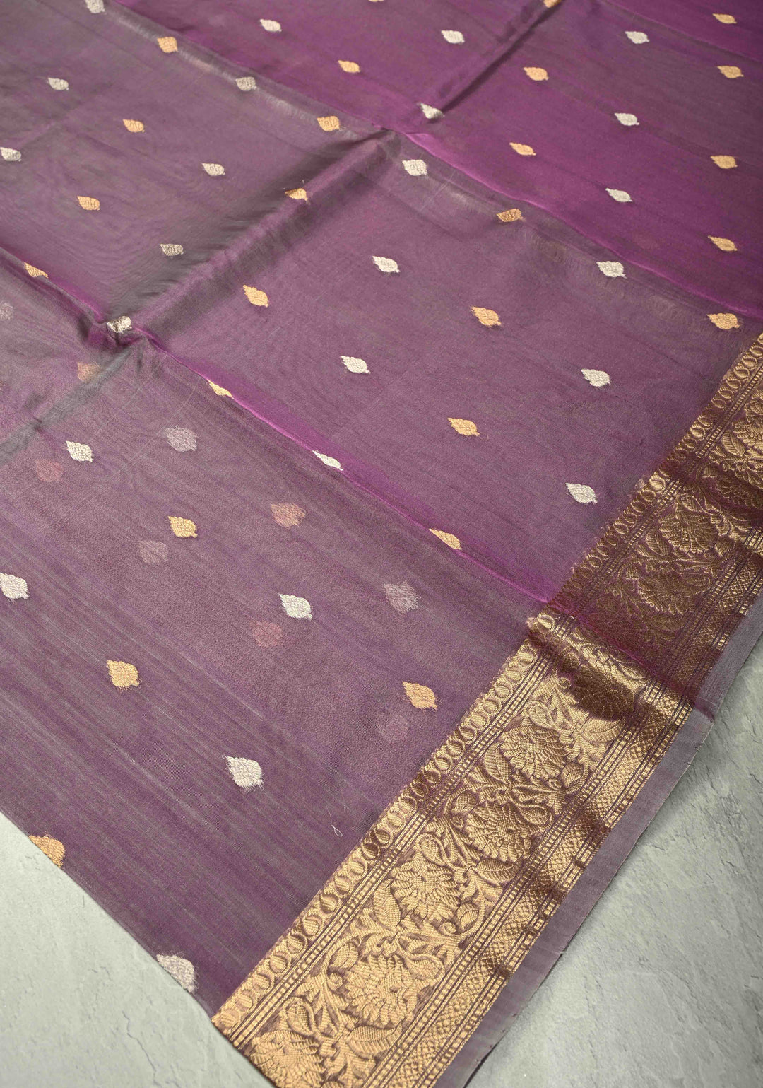 Dusty Lavender Pure Banarasi Organza Silk Saree with Gold Silver Zari Buttas andZari Border | SILK MARK CERTIFIED