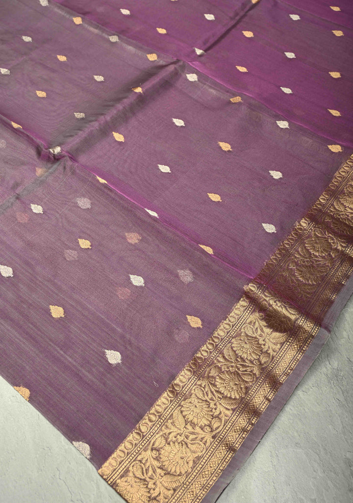 Dusty Lavender Pure Banarasi Organza Silk Saree with Gold Silver Zari Buttas andZari Border | SILK MARK CERTIFIED