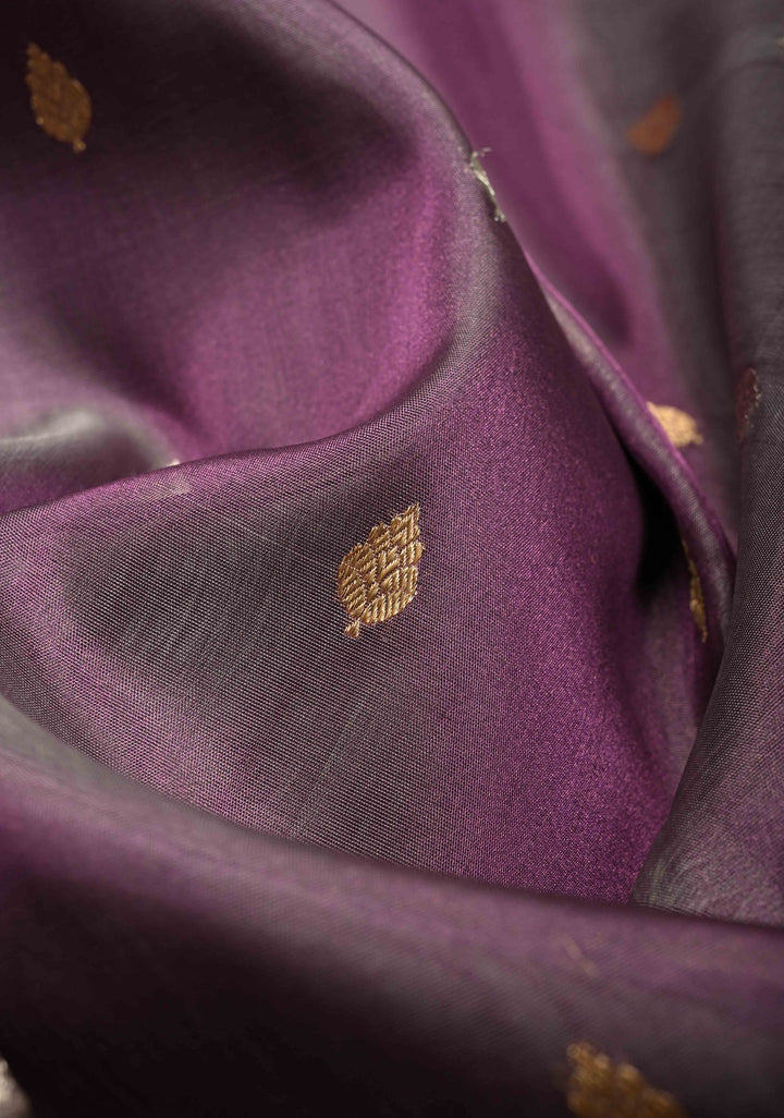 Dusty Lavender Pure Banarasi Organza Silk Saree with Gold Silver Zari Buttas andZari Border | SILK MARK CERTIFIED