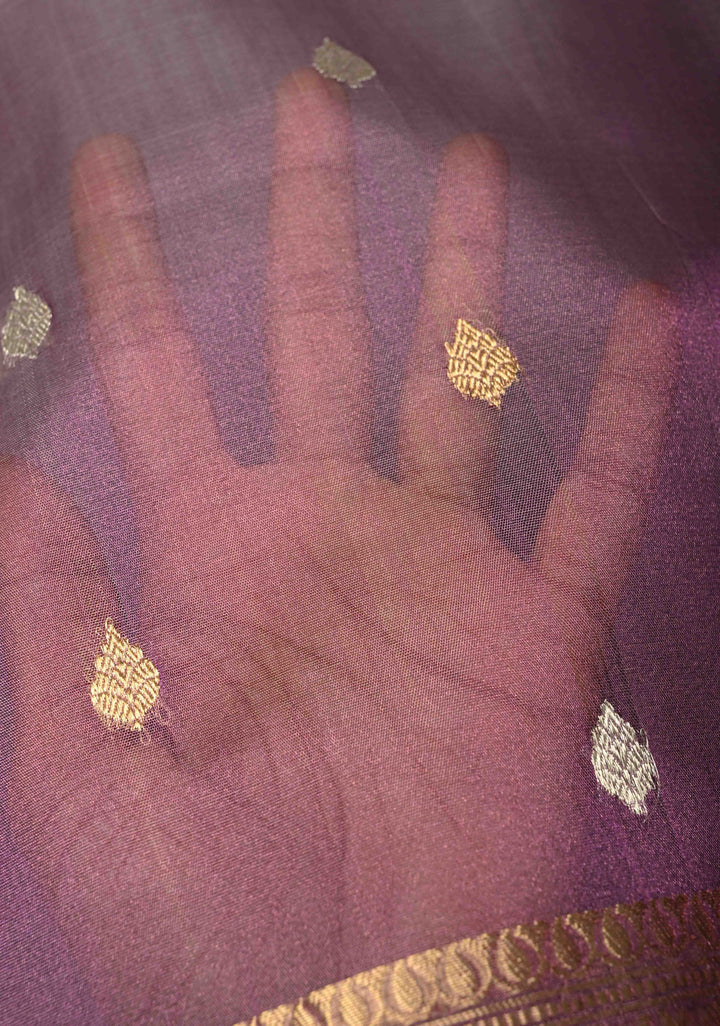Dusty Lavender Pure Banarasi Organza Silk Saree with Gold Silver Zari Buttas andZari Border | SILK MARK CERTIFIED