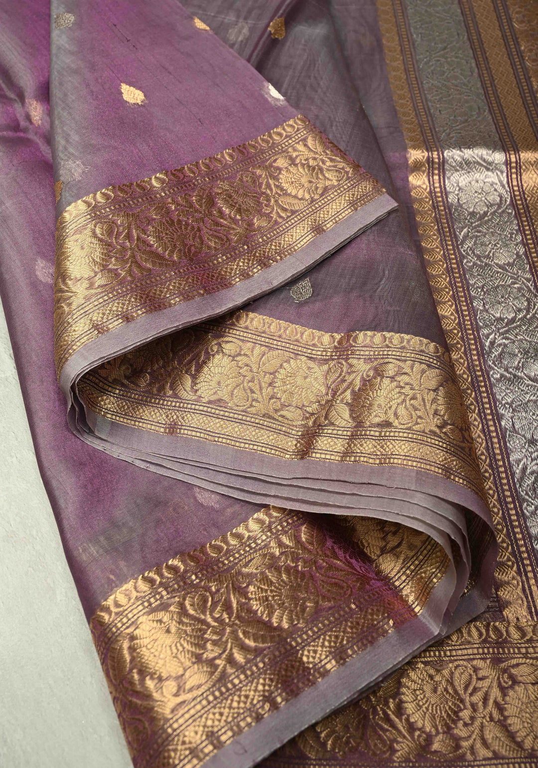 Dusty Lavender Pure Banarasi Organza Silk Saree with Gold Silver Zari Buttas andZari Border | SILK MARK CERTIFIED