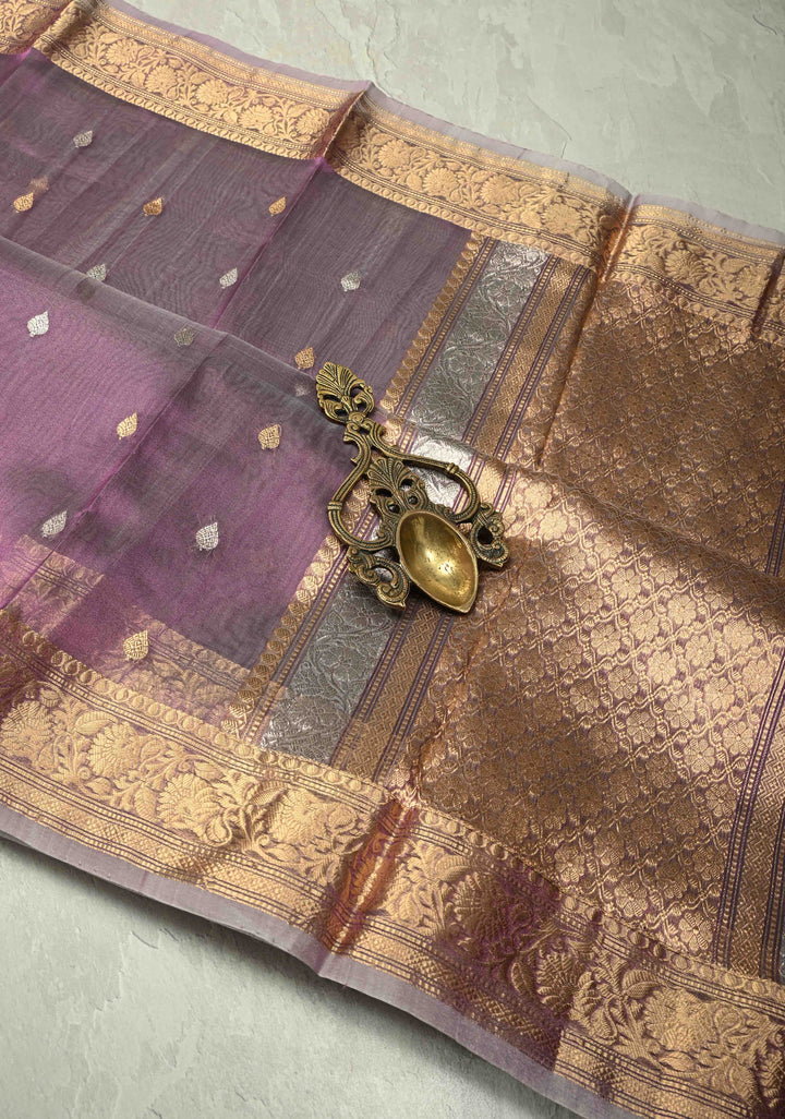 Dusty Lavender Pure Banarasi Organza Silk Saree with Gold Silver Zari Buttas and Zari Border | SILK MARK CERTIFIED | SHOBITAM