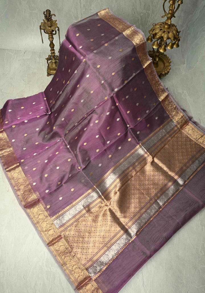 Dusty Lavender Pure Banarasi Organza Silk Saree with Gold Silver Zari Buttas andZari Border | SILK MARK CERTIFIED