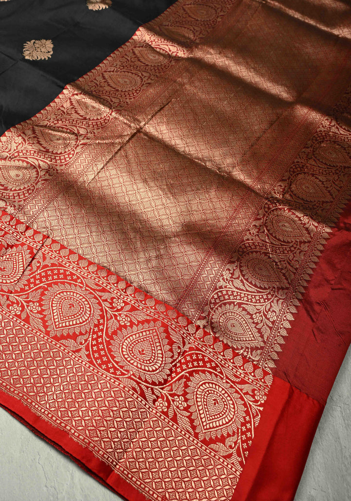 Black Katan Silk Handloom Saree with Antique Zari Buttas and Contrast Zari Border | SILK MARK CERTIFIED
