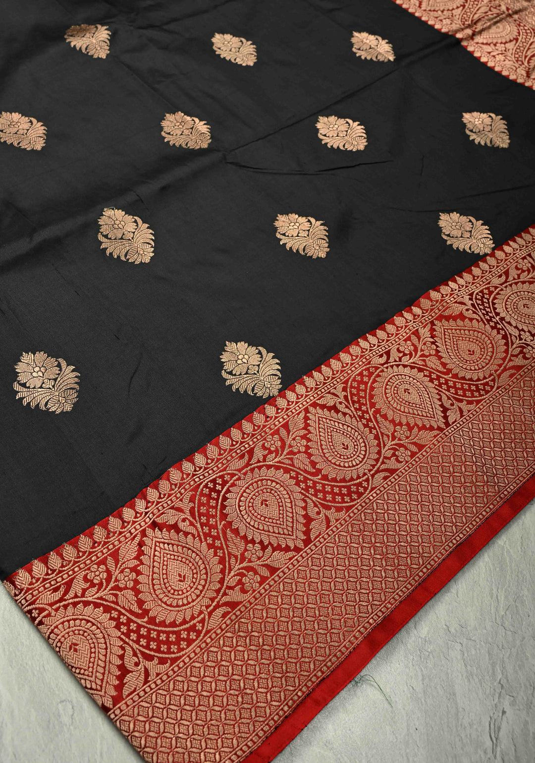 Black Katan Silk Handloom Saree with Antique Zari Buttas and Contrast Zari Border | SILK MARK CERTIFIED