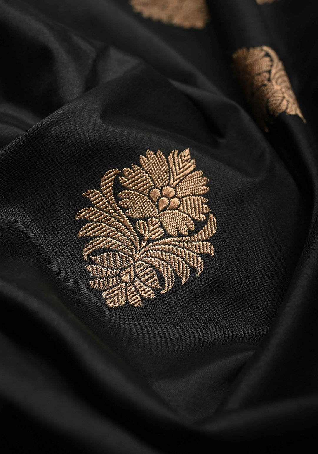 Black Katan Silk Handloom Saree with Antique Zari Buttas and Contrast Zari Border | SILK MARK CERTIFIED