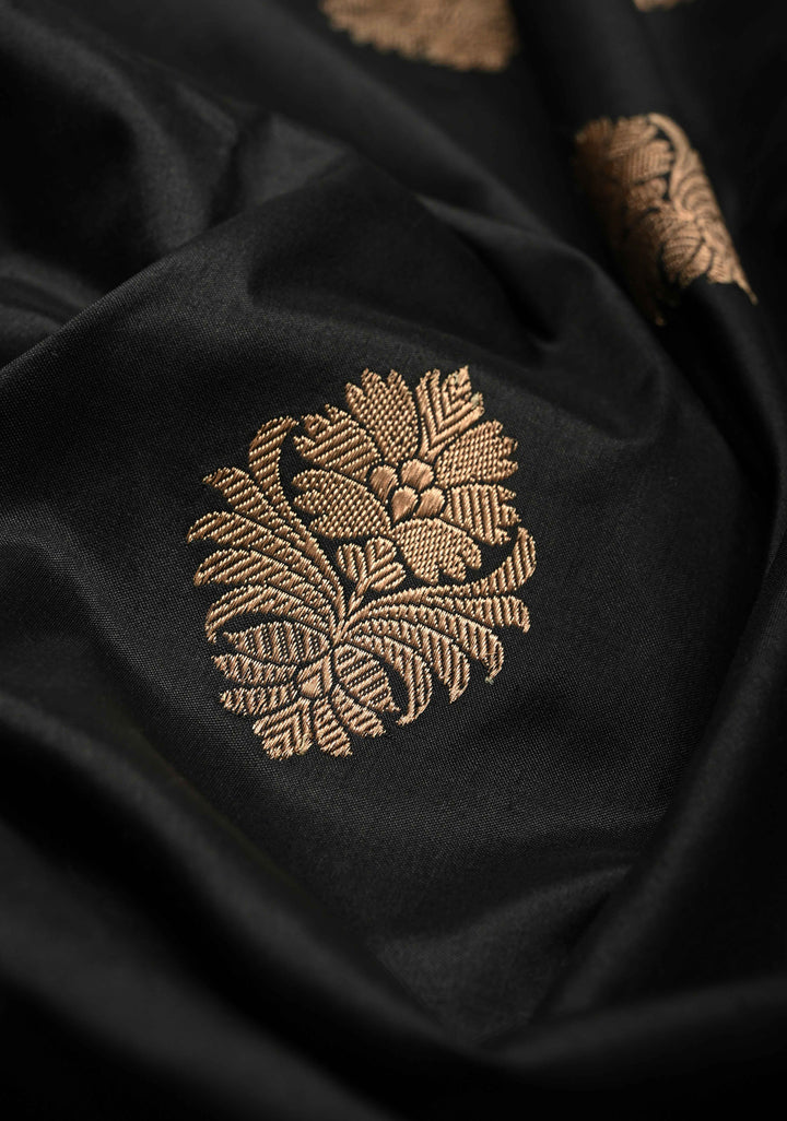 Black Katan Silk Handloom Saree with Antique Zari Buttas and Contrast Zari Border | SILK MARK CERTIFIED