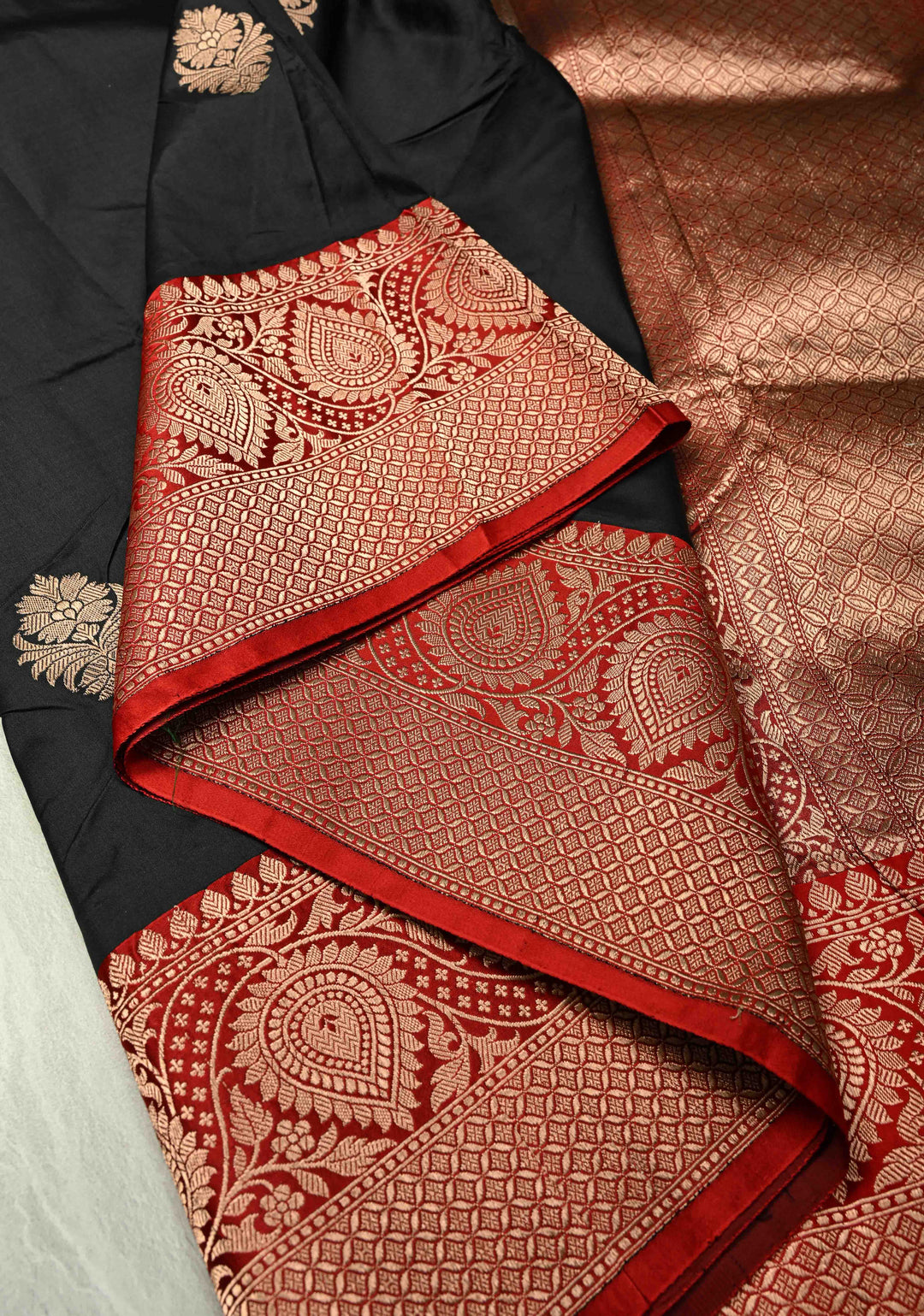 Black Katan Silk Handloom Saree with Antique Zari Buttas and Contrast Zari Border | SILK MARK CERTIFIED