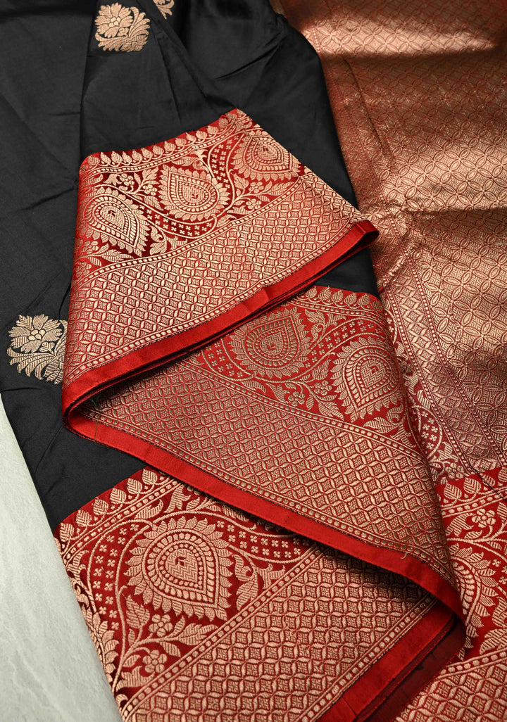 Black Katan Silk Handloom Saree with Antique Zari Buttas and Contrast Zari Border | SILK MARK CERTIFIED