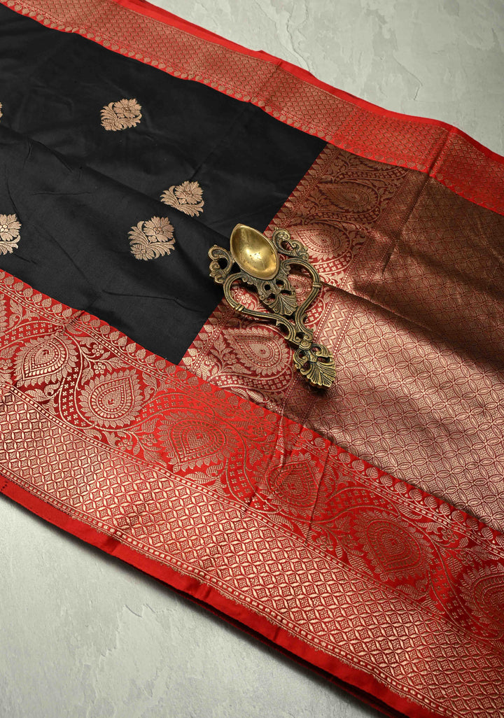 Black Katan Silk Handloom Saree with Antique Zari Buttas and Contrast Zari Border | SILK MARK CERTIFIED