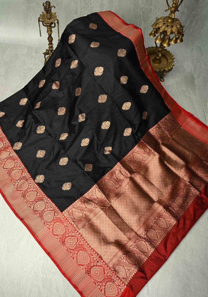 Black Katan Silk Handloom Saree with Antique Zari Buttas and Contrast Zari Border | SILK MARK CERTIFIED