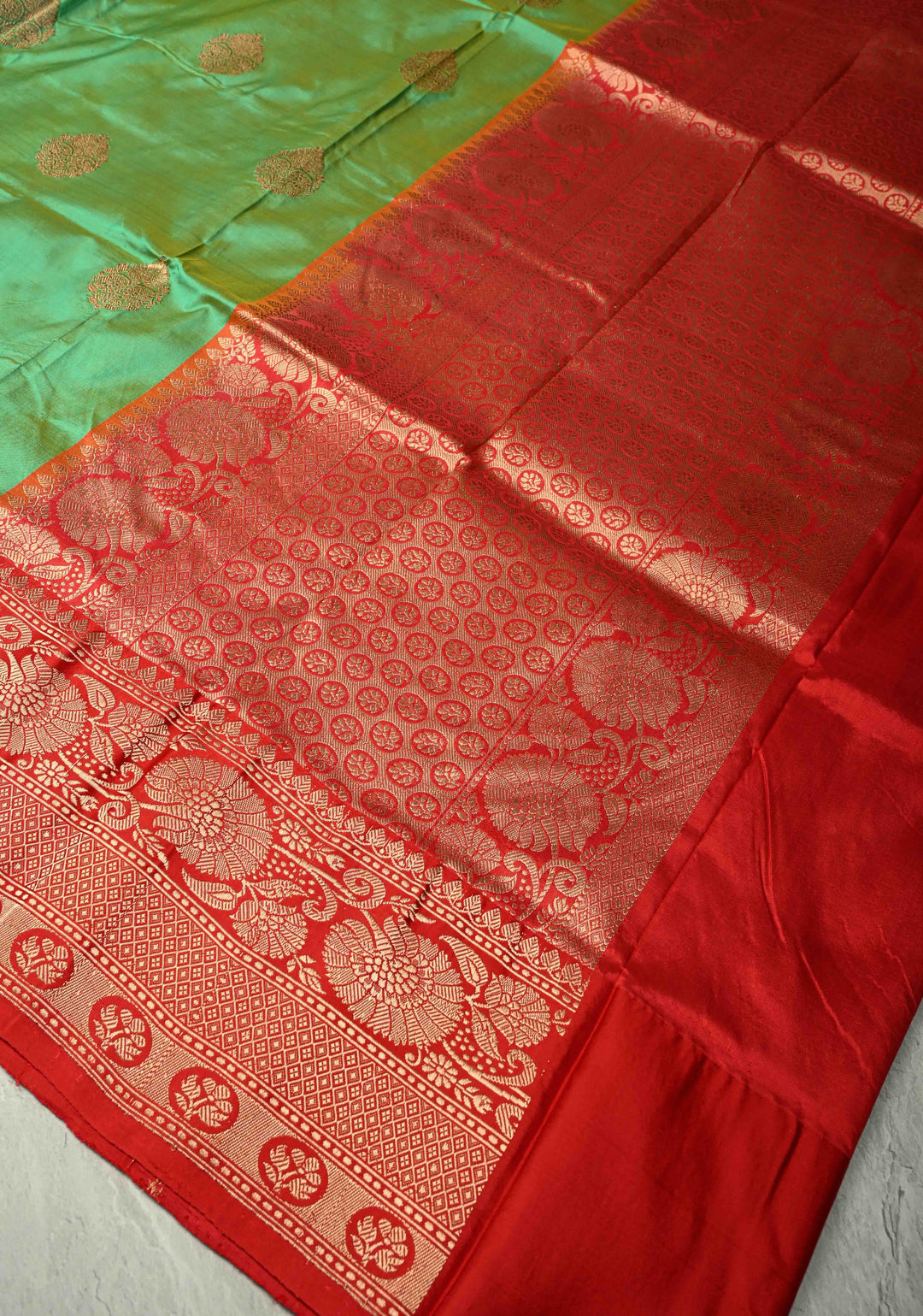 Green Dual tone Katan Silk Handloom Saree with Zari Buttas and Contrast Zari Border | SILK MARK CERTIFIED