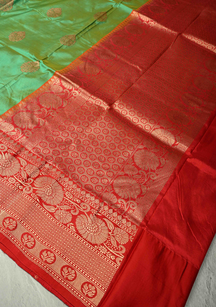 Green Dual tone Katan Silk Handloom Saree with Zari Buttas and Contrast Zari Border | SILK MARK CERTIFIED