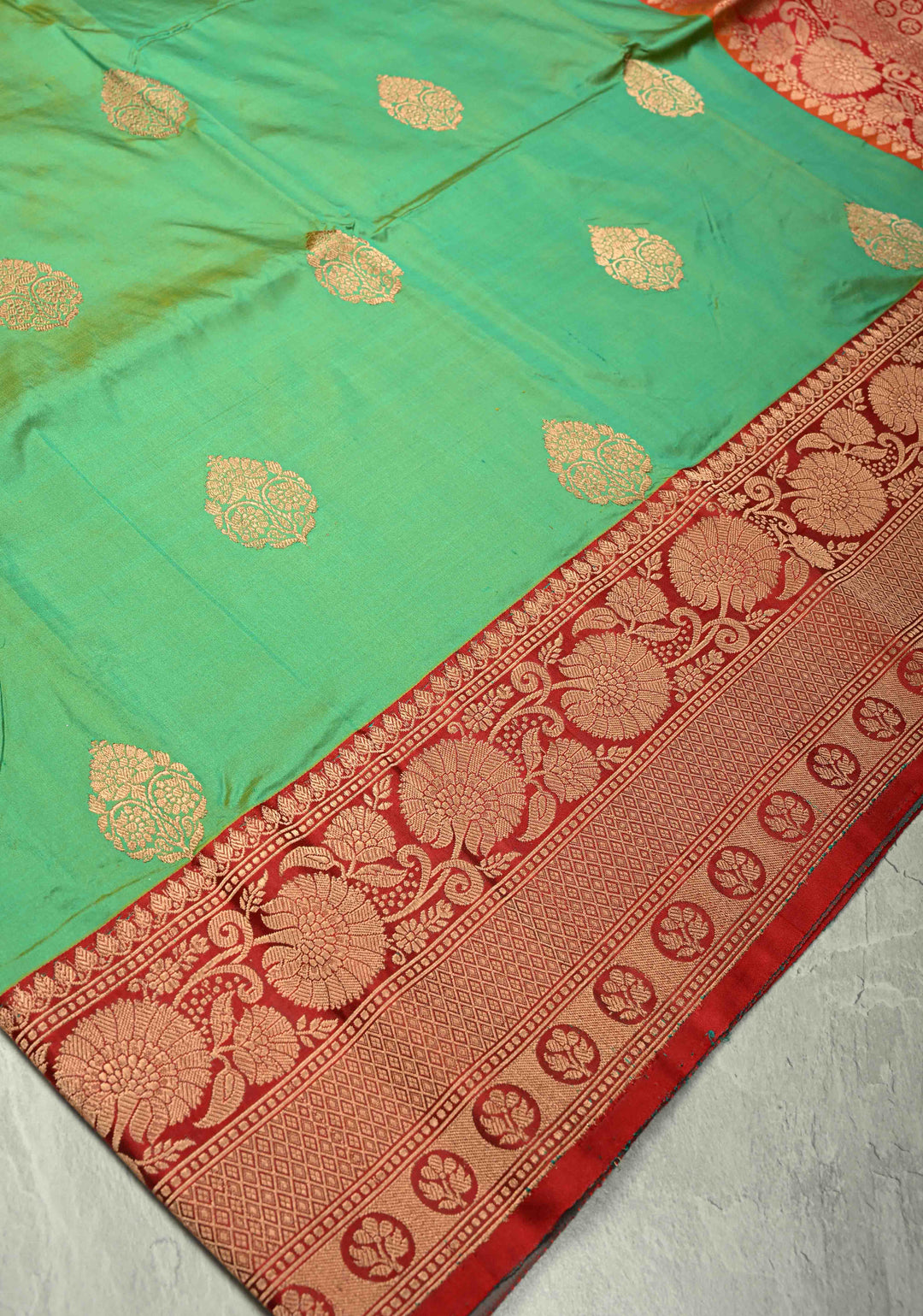 Green Dual tone Katan Silk Handloom Saree with Zari Buttas and Contrast Zari Border | SILK MARK CERTIFIED