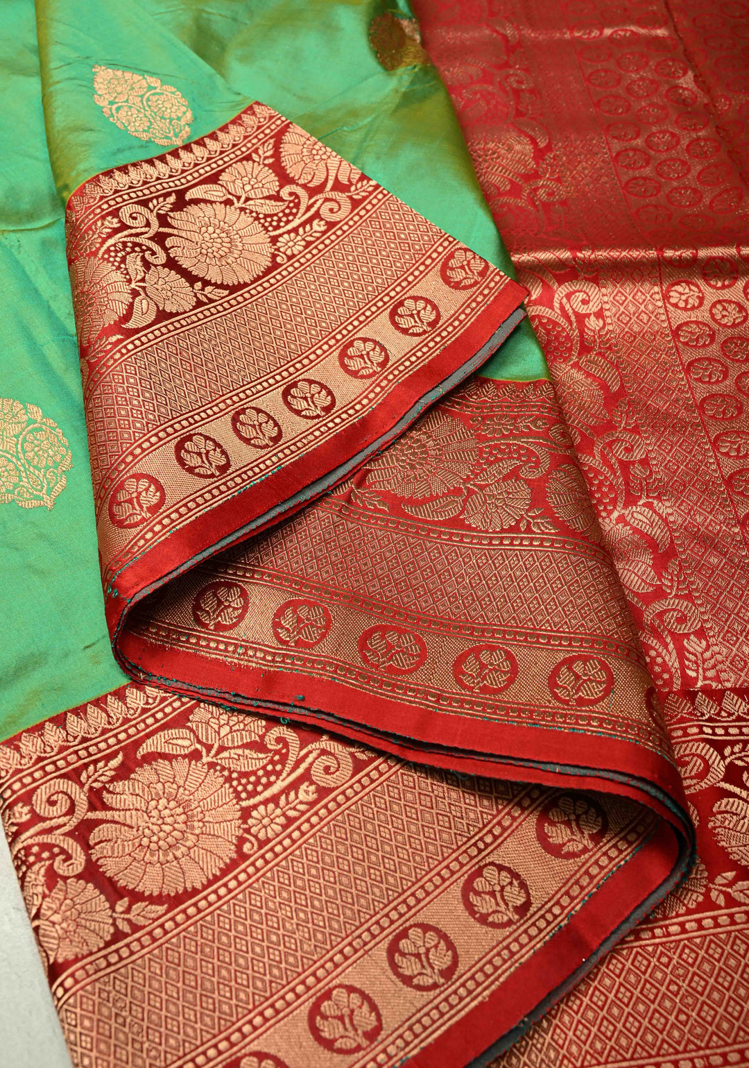 Green Dual tone Katan Silk Handloom Saree with Zari Buttas and Contrast Zari Border | SILK MARK CERTIFIED