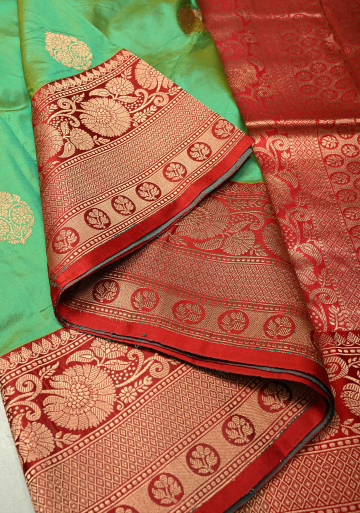 Green Dual tone Katan Silk Handloom Saree with Zari Buttas and Contrast Zari Border | SILK MARK CERTIFIED