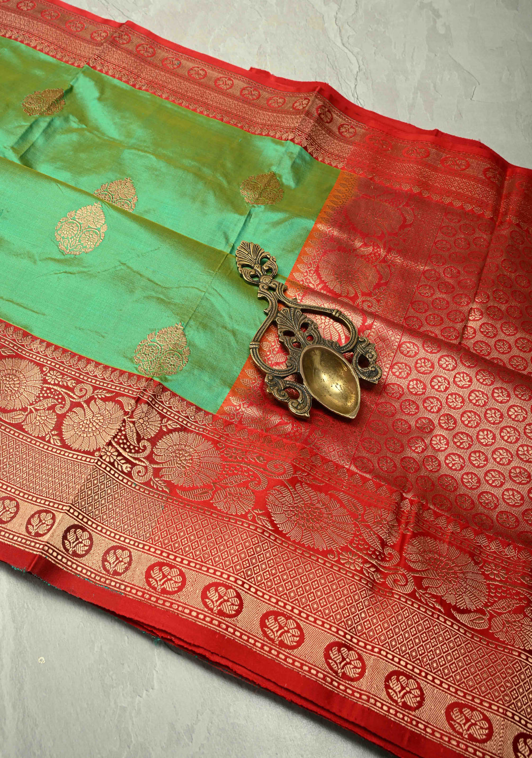 Green Dual tone Katan Silk Handloom Saree with Zari Buttas and Contrast Zari Border | SILK MARK CERTIFIED