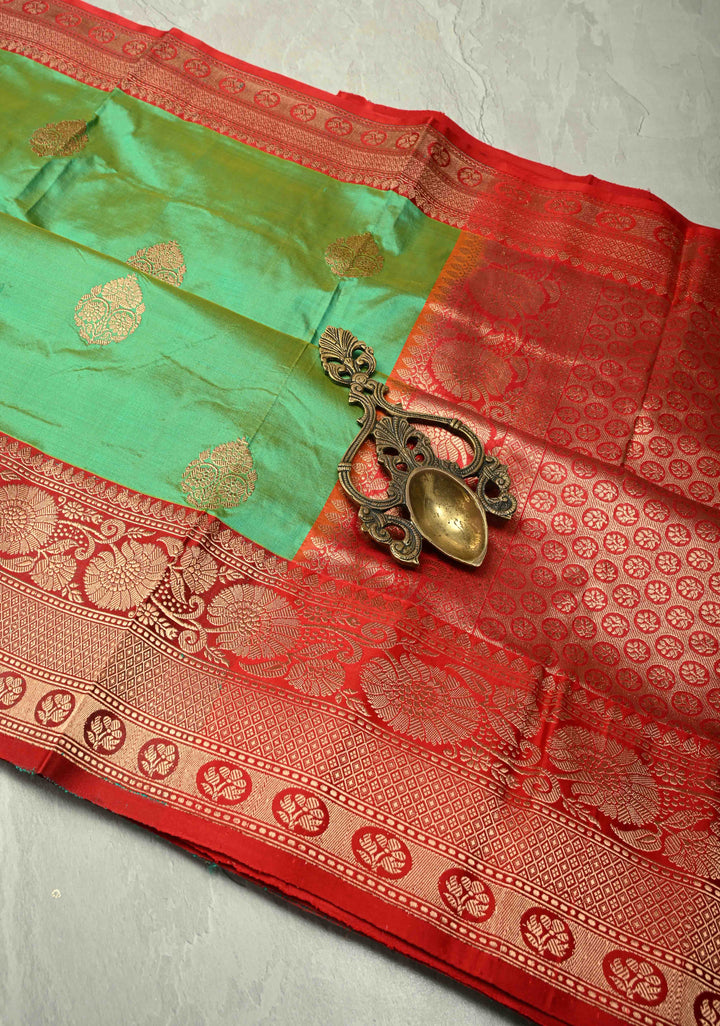 Green Dual tone Katan Silk Handloom Saree with Zari Buttas and Contrast Zari Border | SILK MARK CERTIFIED