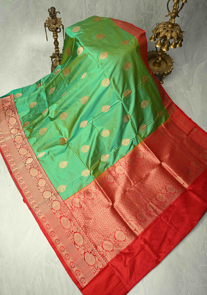Green Dual tone Katan Silk Handloom Saree with Zari Buttas and Contrast Zari Border | SILK MARK CERTIFIED