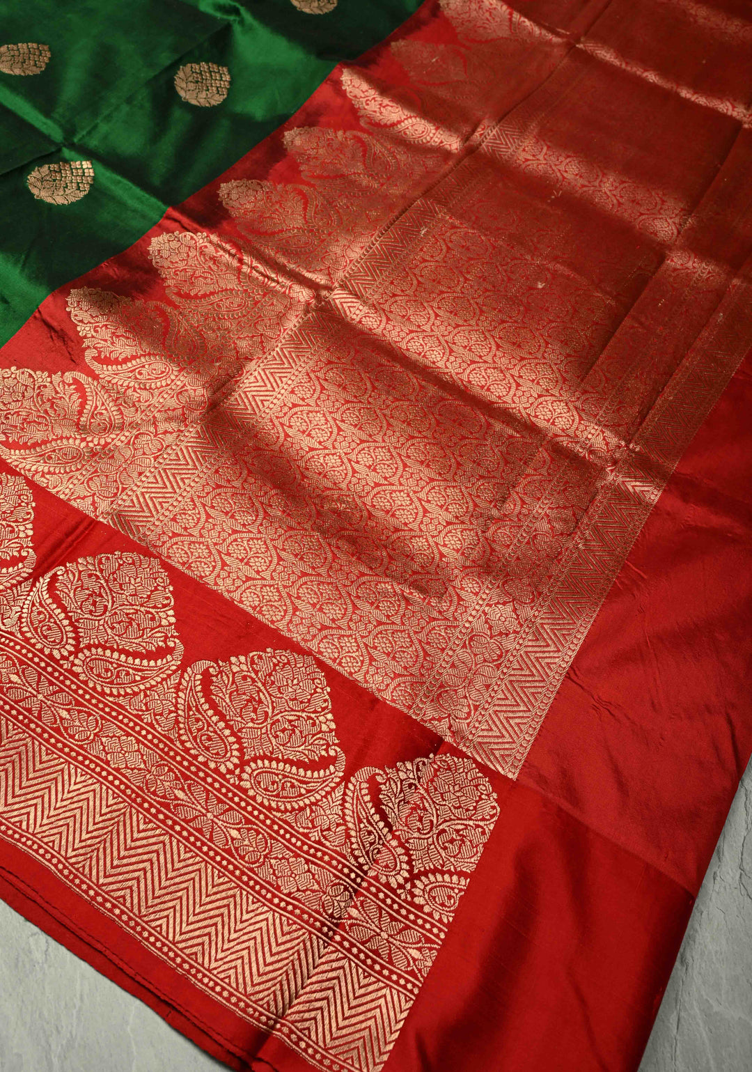 Dark Fern Banarasi Katan Silk Saree with Floral Zari Buttas and Contrast Zari Border | SILK MARK CERTIFIED