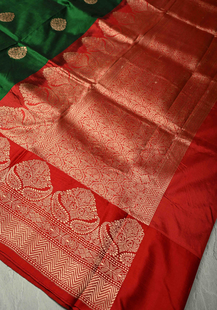 Dark Fern Banarasi Katan Silk Saree with Floral Zari Buttas and Contrast Zari Border | SILK MARK CERTIFIED