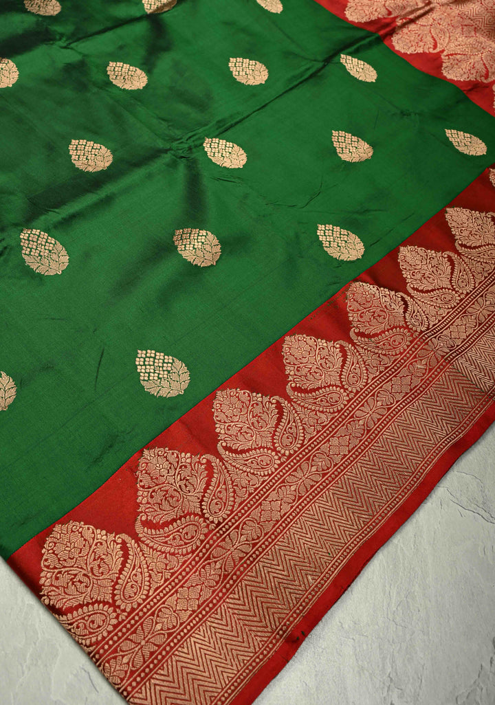 Dark Fern Banarasi Katan Silk Saree with Floral Zari Buttas and Contrast Zari Border | SILK MARK CERTIFIED