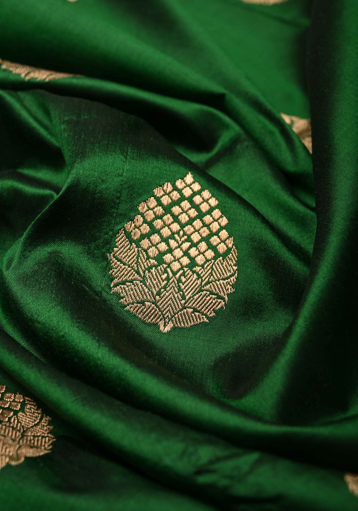 Dark Fern Banarasi Katan Silk Saree with Floral Zari Buttas and Contrast Zari Border | SILK MARK CERTIFIED