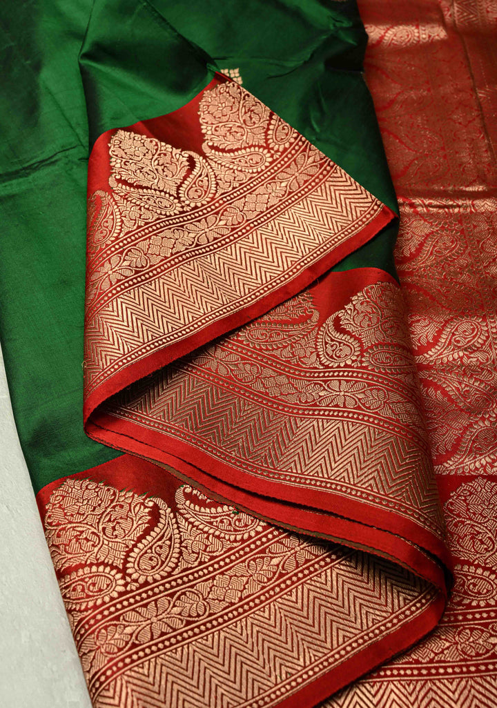 Dark Fern Banarasi Katan Silk Saree with Floral Zari Buttas and Contrast Zari Border | SILK MARK CERTIFIED