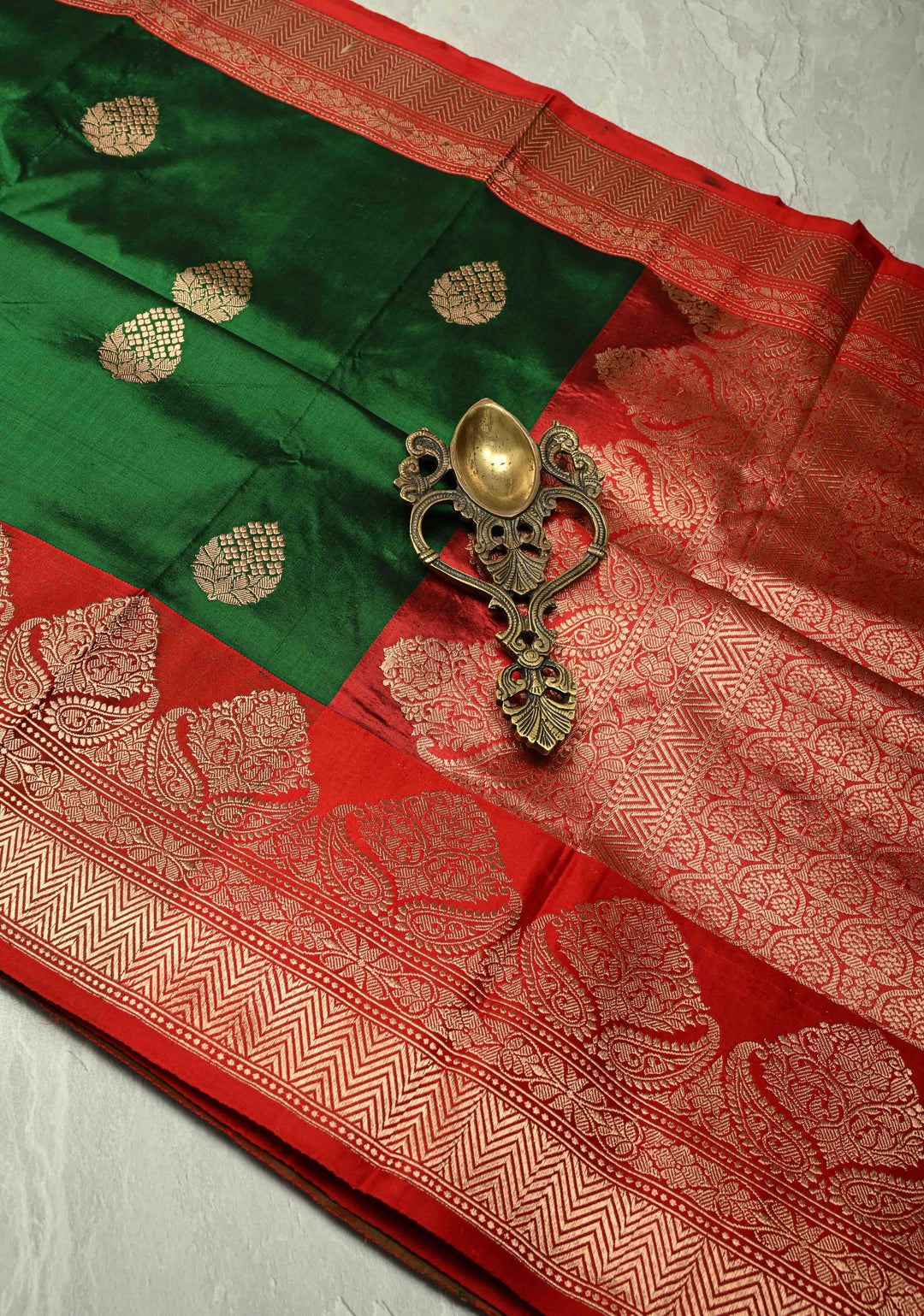 Dark Fern Banarasi Katan Silk Saree with Floral Zari Buttas and Contrast Zari Border | SILK MARK CERTIFIED