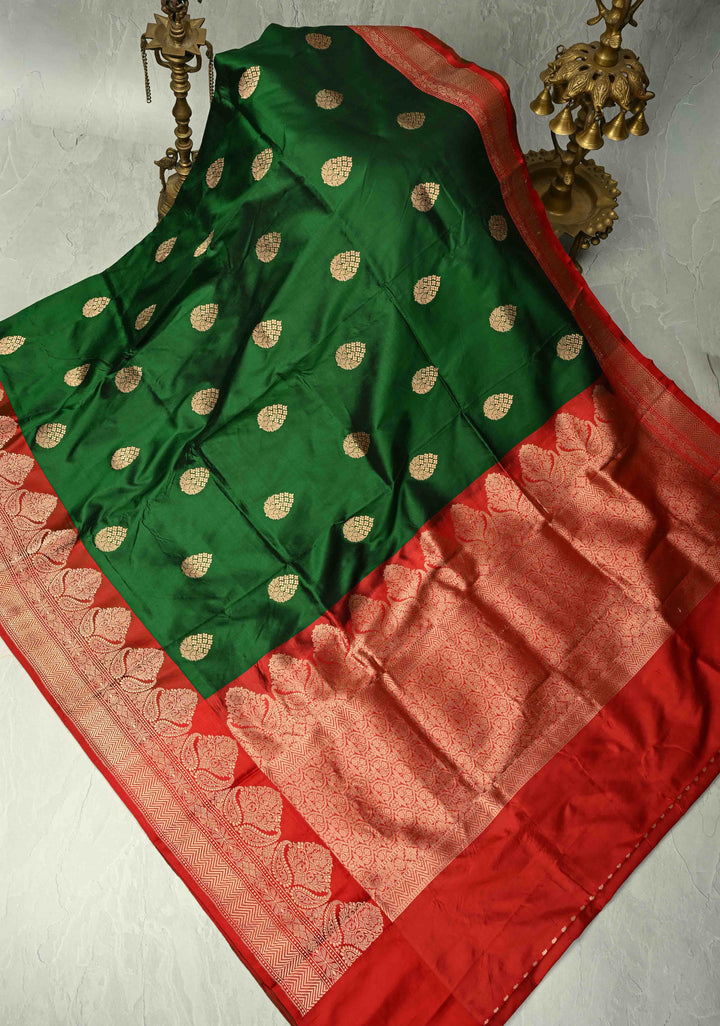 Dark Fern Banarasi Katan Silk Saree with Floral Zari Buttas and Contrast Zari Border | SILK MARK CERTIFIED
