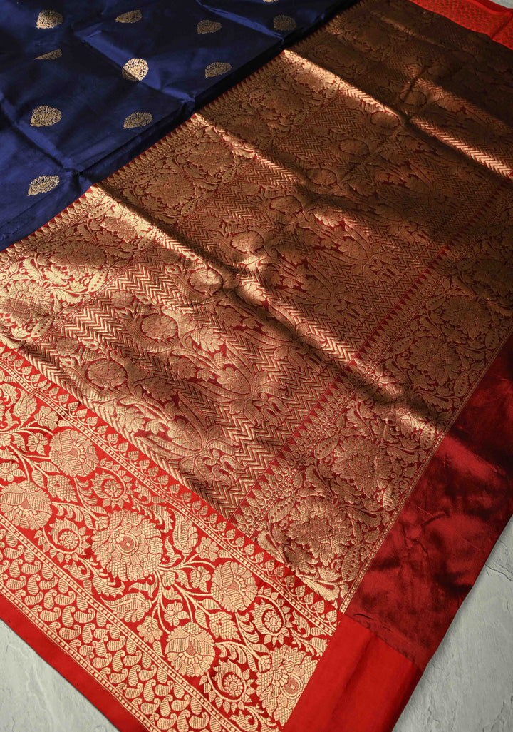 Navy Blue Katan Silk Handloom Saree with Zari Buttas and Contrast Zari Border | SILK MARK CERTIFIED | SHOBITAM