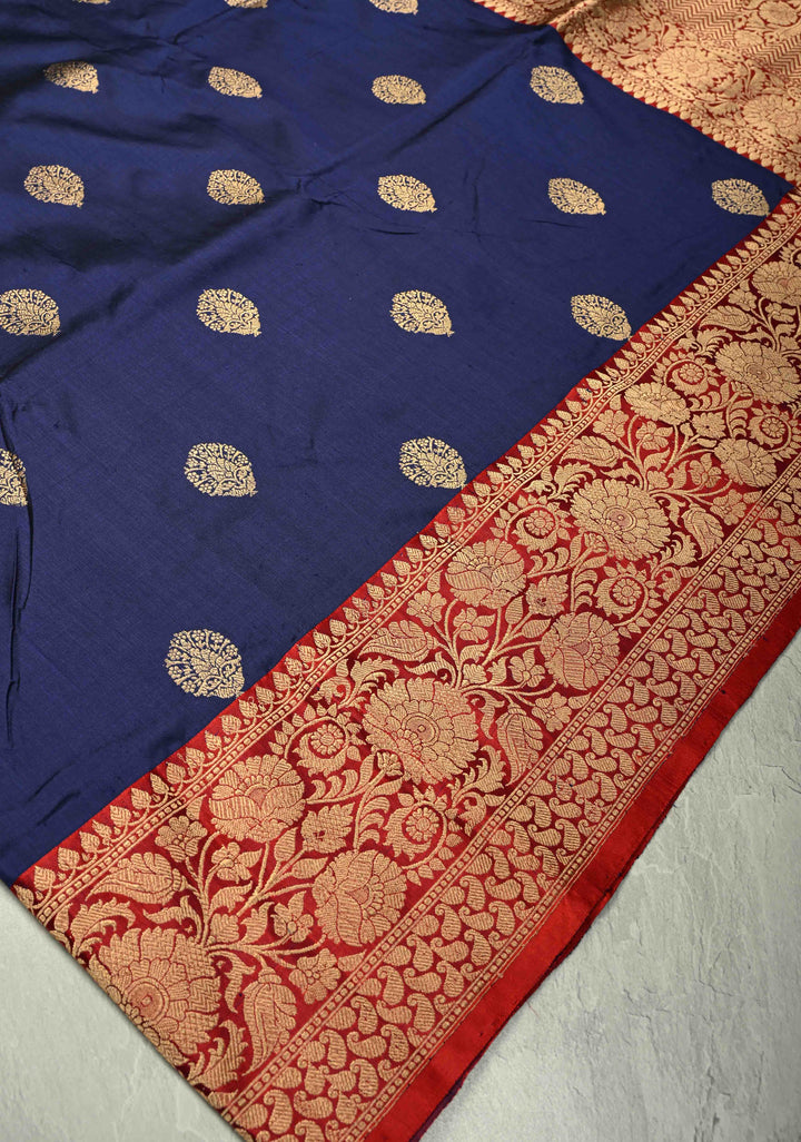 Navy Blue Katan Silk Handloom Saree with Zari Buttas and Contrast Zari Border | SILK MARK CERTIFIED