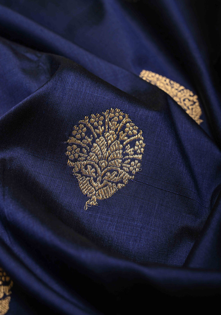 Navy Blue Katan Silk Handloom Saree with Zari Buttas and Contrast Zari Border | SILK MARK CERTIFIED | SHOBITAM