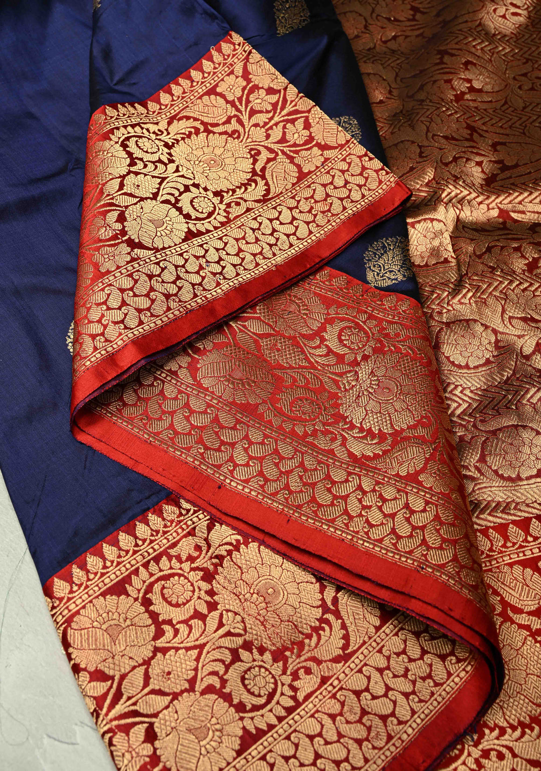Navy Blue Katan Silk Handloom Saree with Zari Buttas and Contrast Zari Border | SILK MARK CERTIFIED | SHOBITAM