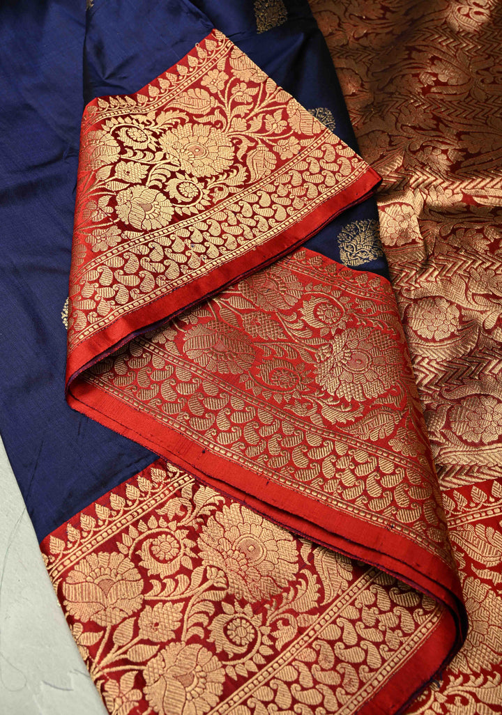 Navy Blue Katan Silk Handloom Saree with Zari Buttas and Contrast Zari Border | SILK MARK CERTIFIED | SHOBITAM