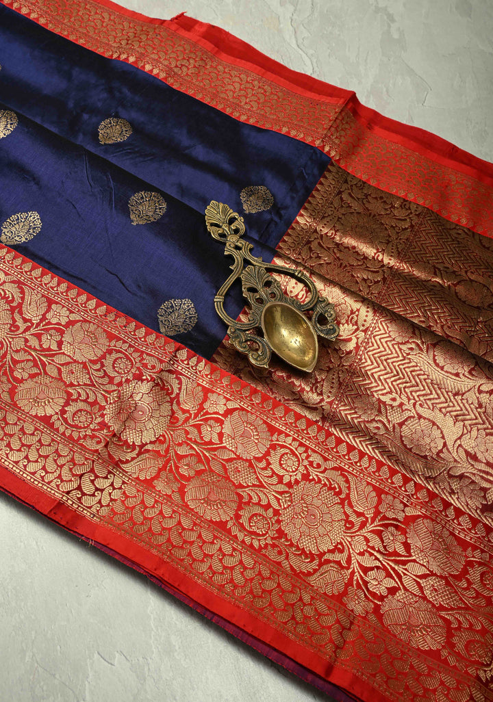 Navy Blue Katan Silk Handloom Saree with Zari Buttas and Contrast Zari Border | SILK MARK CERTIFIED