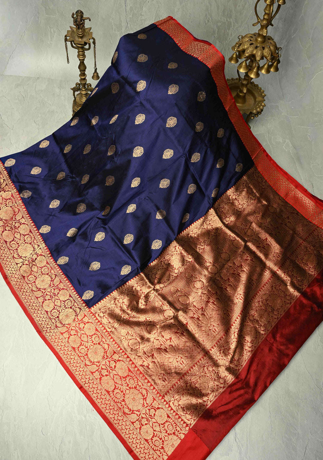 Navy Blue Katan Silk Handloom Saree with Zari Buttas and Contrast Zari Border | SILK MARK CERTIFIED | SHOBITAM