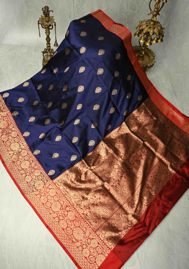 Navy Blue Katan Silk Handloom Saree with Zari Buttas and Contrast Zari Border | SILK MARK CERTIFIED | SHOBITAM