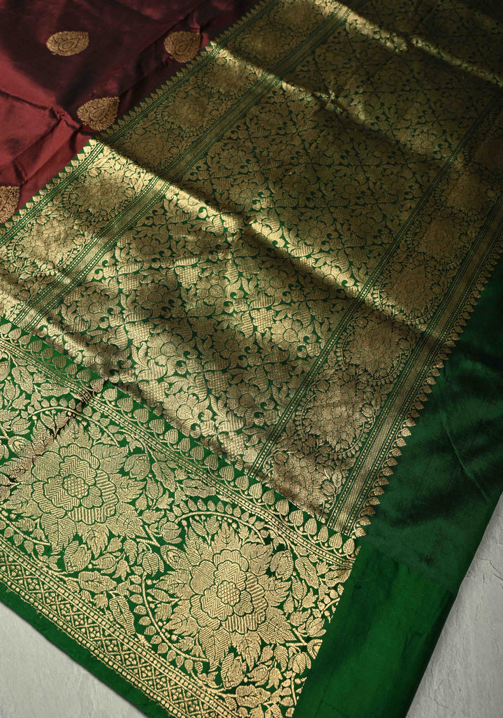 Burgundy Katan Silk Handloom Saree with Zari Buttas and Contrast Zari Border | SILK MARK CERTIFIED