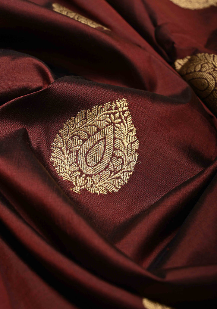 Burgundy Katan Silk Handloom Saree with Zari Buttas and Contrast Zari Border | SILK MARK CERTIFIED