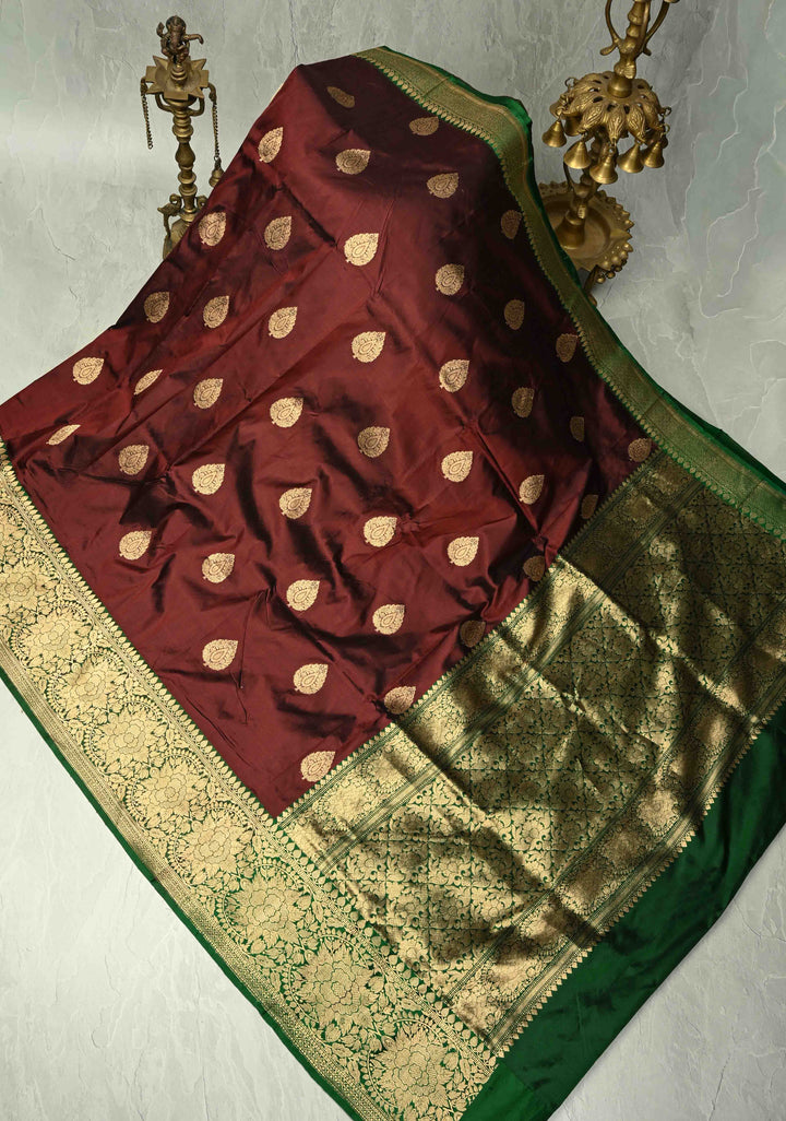 Burgundy Katan Silk Handloom Saree with Zari Buttas and Contrast Zari Border | SILK MARK CERTIFIED