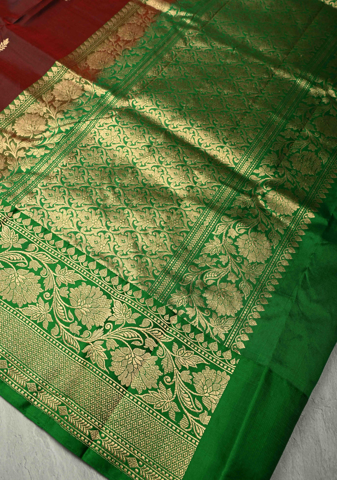 Burgandy Banarasi Katan Silk Saree with Floral Zari Buttas and Contrast Zari Border | SILK MARK CERTIFIED